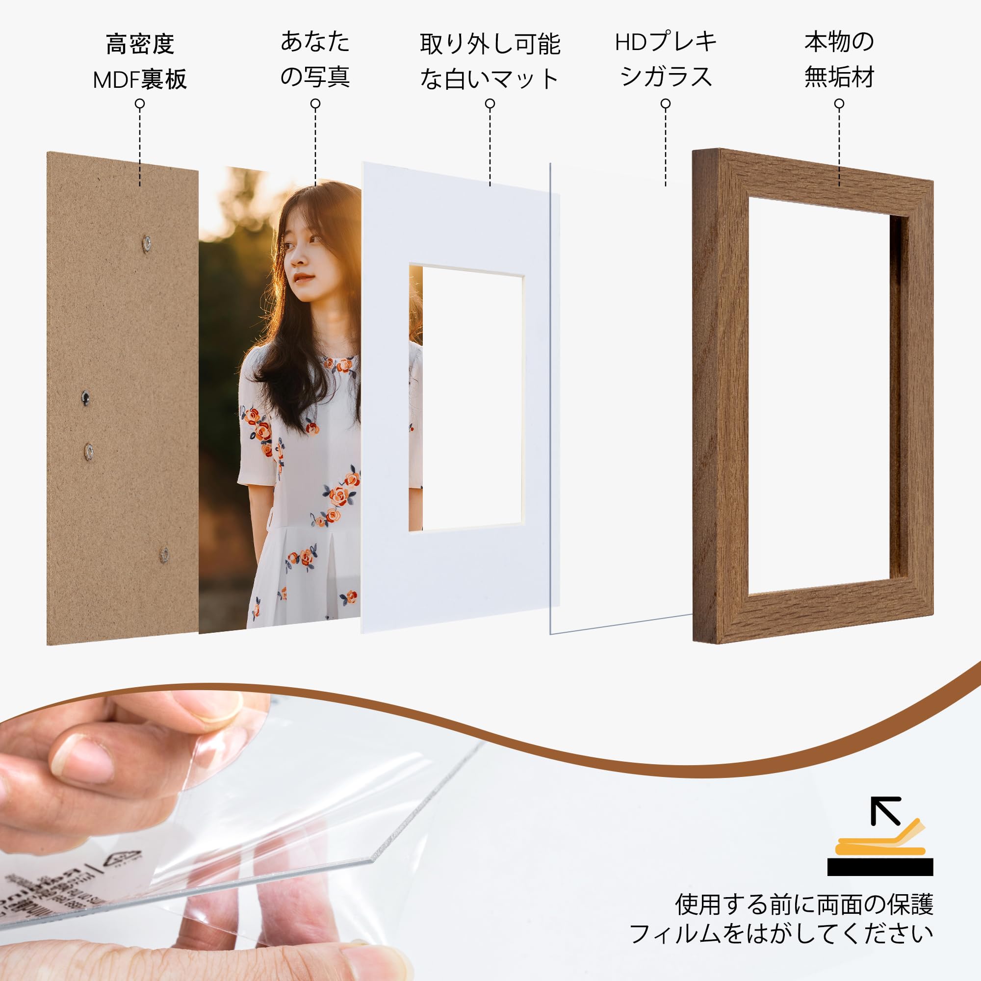 Amazon.co.jp: L判フォトフレーム、マットなしの無垢材ウォールナット